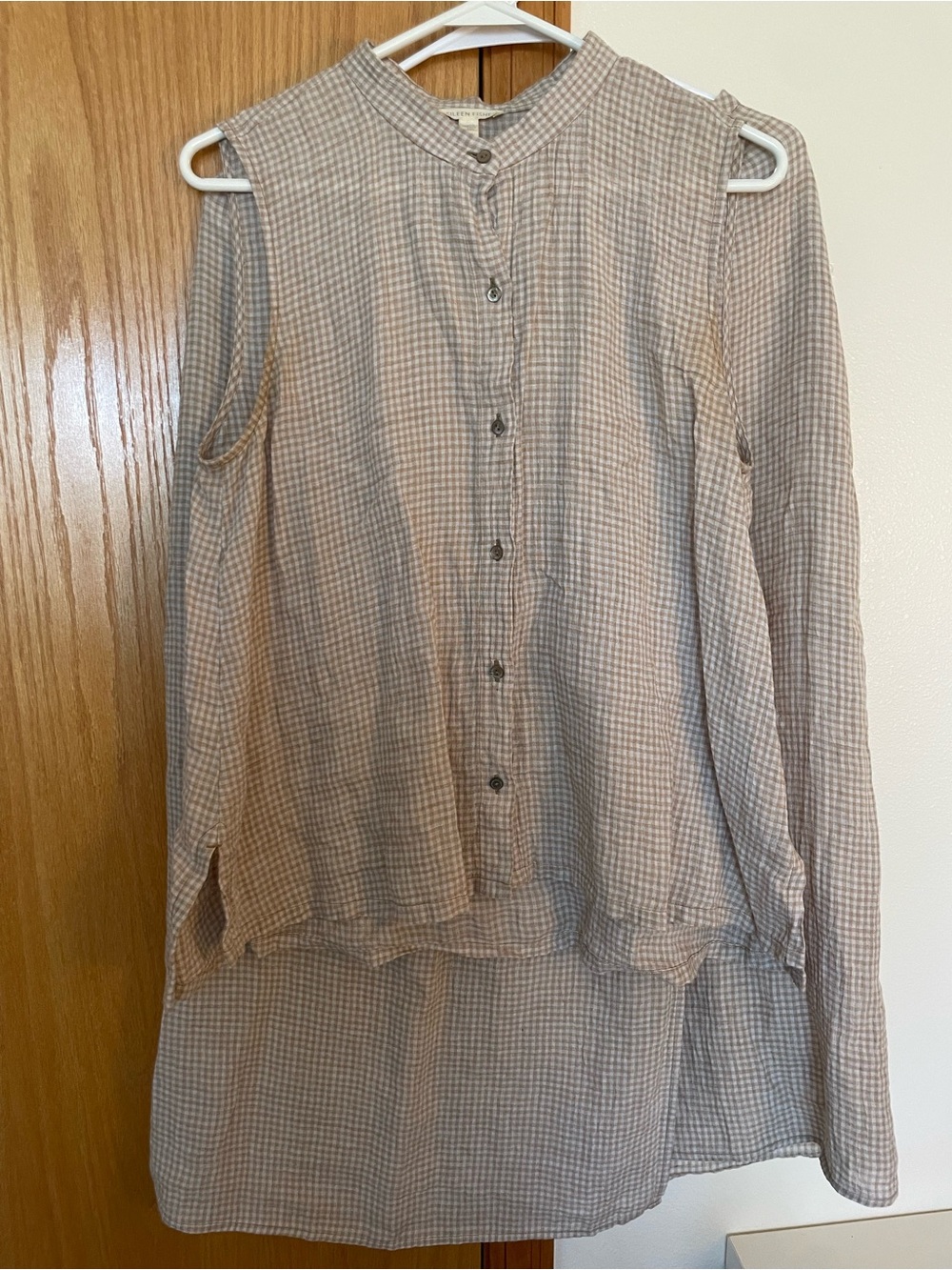 Eileen Fisher Taupe Gingham Lightweight Button-Front Tunic & Skirt Set